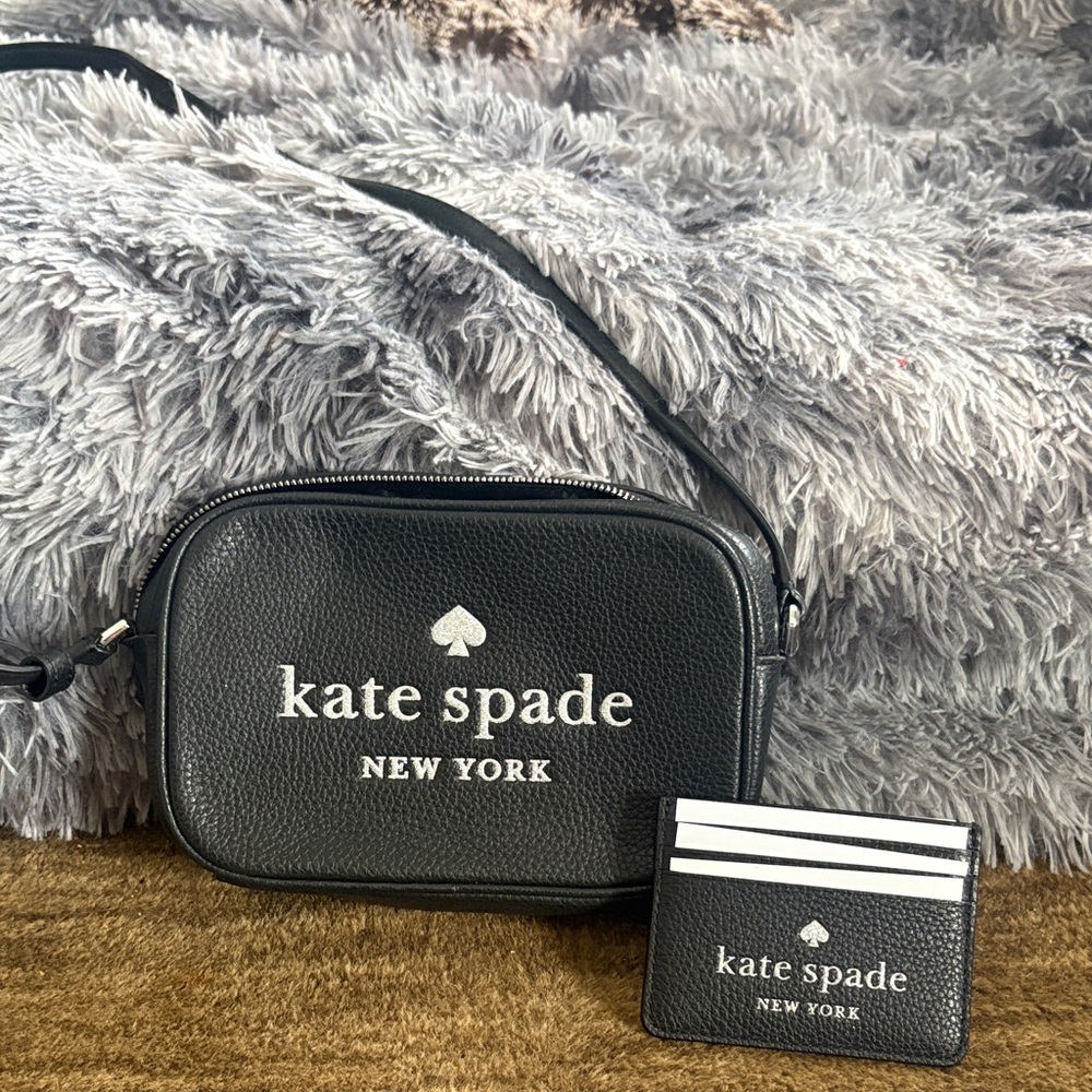 Kate Spade Black Leather/Silver glitter writing Bag and Card Holder